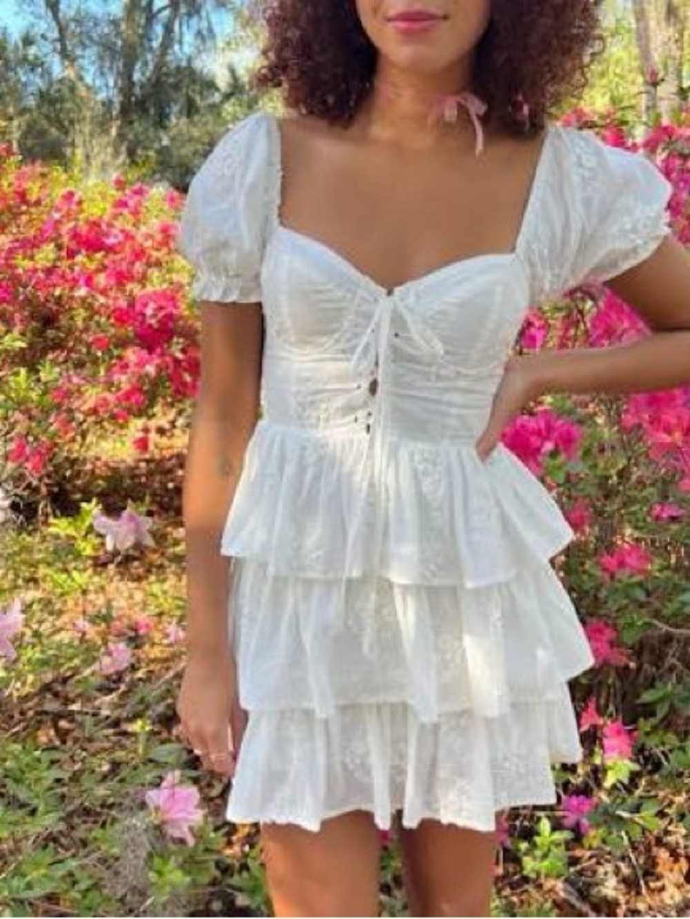 Altar'd State White Tiered Lace Mini Dress with Puff Sleeves
